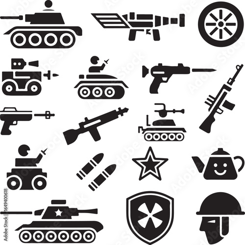 Collection of military and weapon icons including tanks and guns military tank armored vehicle