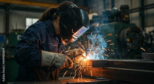 Female welder performing precision metal fabrication with arc welding torch in professional industrial workshop environment