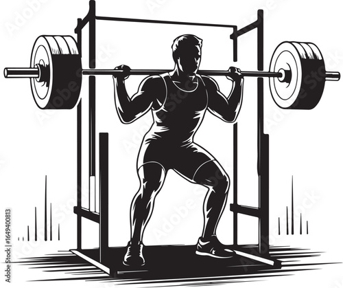 Man performing a barbell squat inside a power rack in a gym setting vector illustration