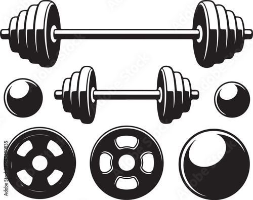 Assortment of weightlifting equipment including barbells dumbbells and weight plates fitness exercise
