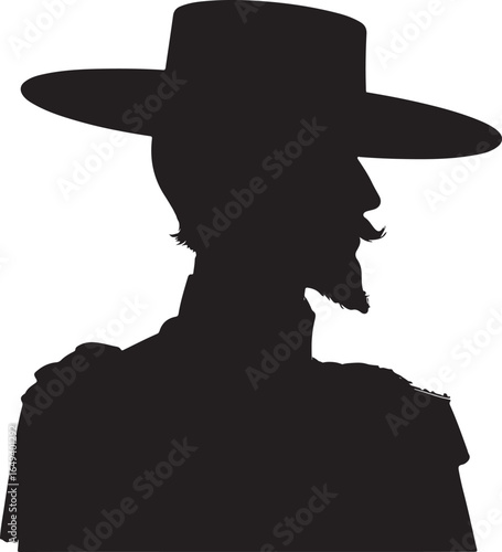 A black silhouette of a man wearing a wide-brimmed hat, suggesting a historical figure, possibly from the Spanish colonial era, facing right profile, with a goatee.