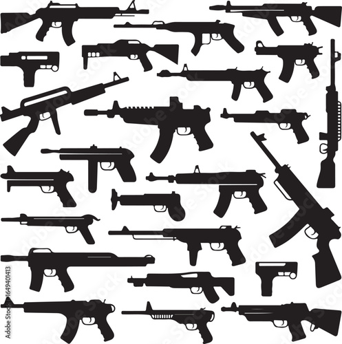 Diverse assortment of firearm silhouettes on a white background pistol rifle