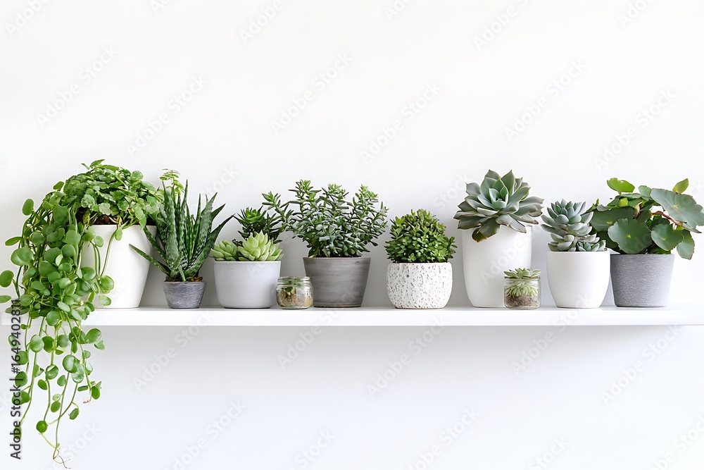 Fototapeta premium Variety of potted succulent plants displayed neatly on a white shelf against a white wall
