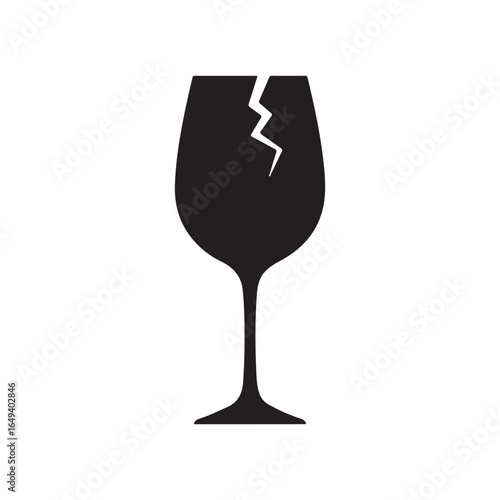 A sleek black and white vector icon depicting a wine glass with a visible crack  symbolizing breakage or damage. Perfect for designs related to fragility  accidents  loss  or vulnerability