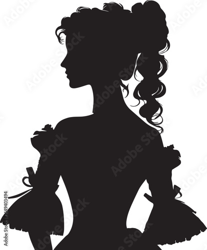 A silhouette of 1800 spain fashion woman from the 18th century, facing to the right, wearing an elegant gown with puffed sleeves, her hair styled in an updo.