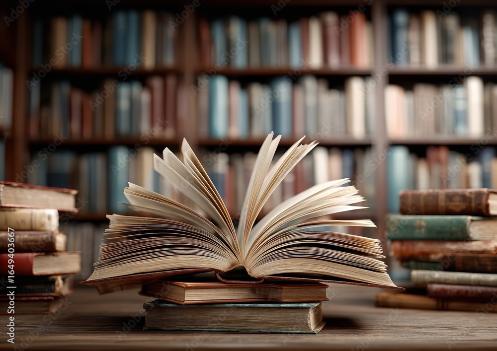 Fototapeta premium Library scene with open book, pages in motion, and stacks of books on a table, representing learning, imagination, and academic exploration