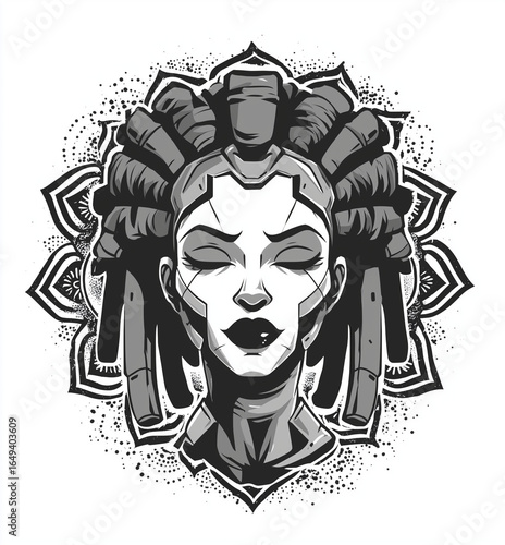 Futuristic goddess portrait, tribal cyberpunk fusion of spirituality and machine in monochrome art style
