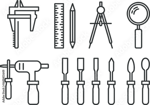 Outline Vernier Caliper, Ruler, Pencil, Compass, Magnifier, Chisel Set On Transparent Background