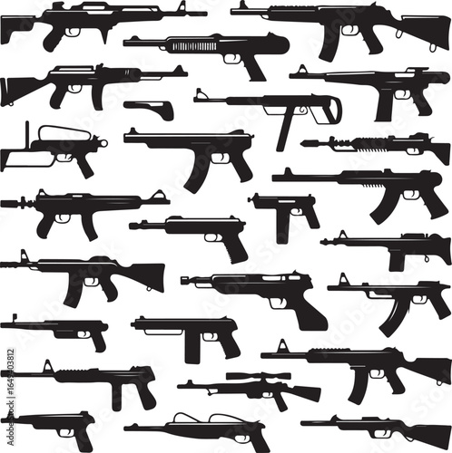 Extensive collection of rifle and submachine gun silhouettes on white background assault rifle firearm