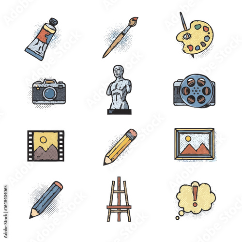 Collection of art and creative hobby icons including painting, photography, sculpture, and drawing.
