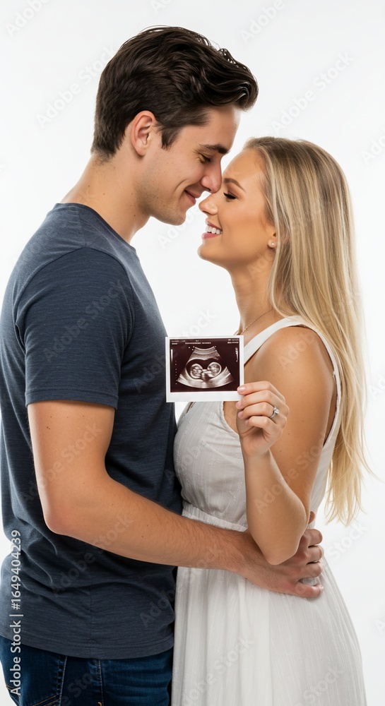 Naklejka premium Love's Beginning: A tender moment unfolds as a loving couple shares an ultrasound image of their unborn child, bathed in natural light, symbolizing new beginnings.