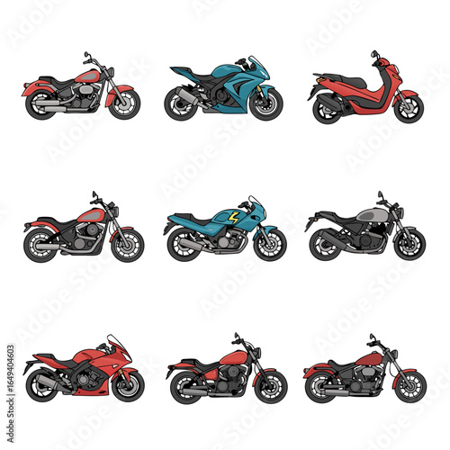 A collection of various motorcycle types, including cruiser, sportbike, scooter, and naked bikes, in a flat vector icon set.