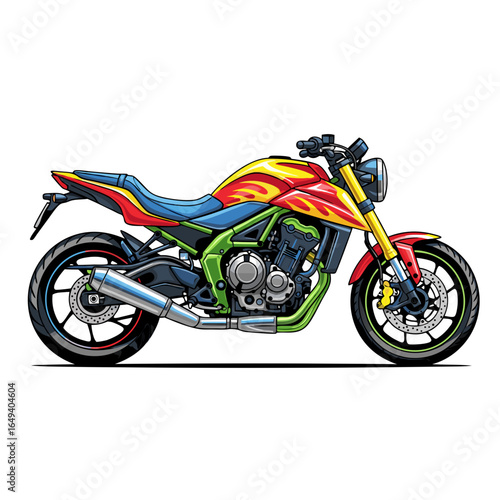 A colorful custom streetfighter motorcycle with vibrant flame decals on the fuel tank, shown in a vector illustration.