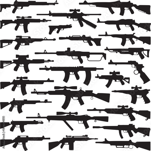 Collection of black silhouettes of various types of assault rifles and firearms weapon
