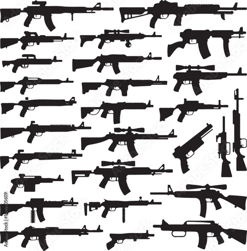 Silhouette collection of various types of modern assault rifles and firearms weapon