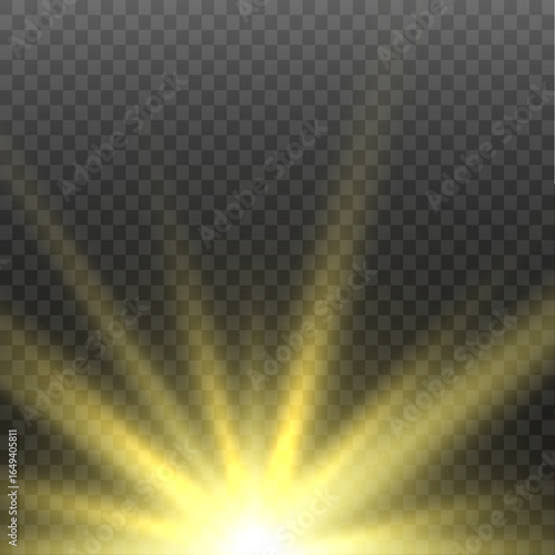 Sunlight with special lens flare effect. Translucent shine sun, bright flare. Sunlight glowing png effect. Flash gold light with rays and spotlight. 
