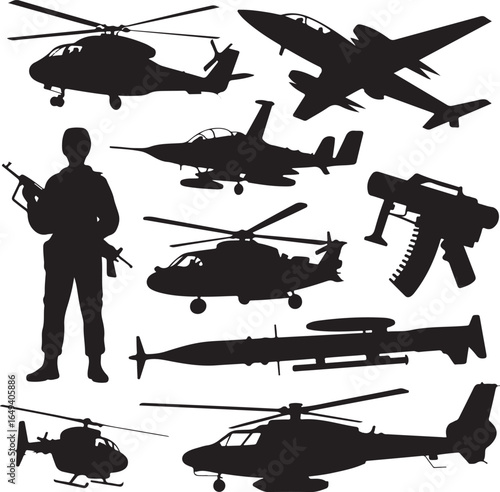 Military Aircraft Helicopters and Soldier Silhouettes Keywords: helicopter, aircraft, airplane, jet