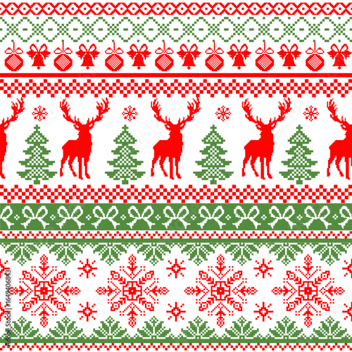 Christmas Ethnic pixel Art embroidery Crosstich style vector illustration pattern design.