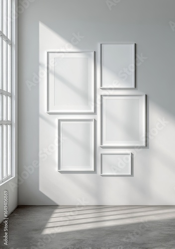  Mockup for 6 poster in white frames ( same size , 2 vertical , 3 horizontal , 1 square ) - large view - just white wall - white poster - studio lighting