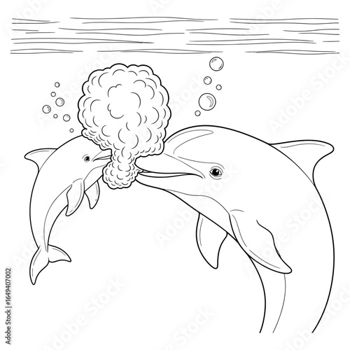 A baby dolphin blows a big bubble beard right in its parent's face.