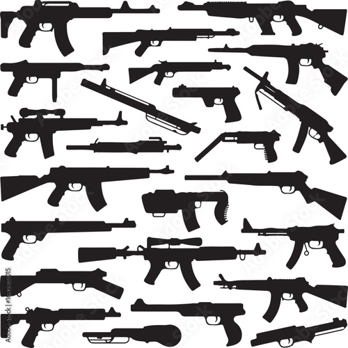 Assortment of rifle and submachine gun silhouettes on white background assault rifle firearm
