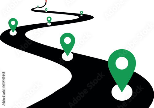 Curved road with green and red map location pins