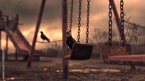 Creepy old school playground dusk, ghost children ragged clothes skull face paint, skipping rope, swinging, eerie skeletal shadows, abandoned rusted swings, overcast sky, crow cinematic horror 4k