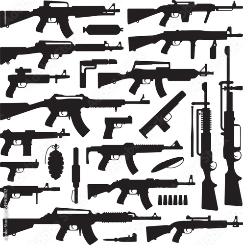 Assortment of twenty-four black silhouette handgun rifle grenade and weapon icons on white background