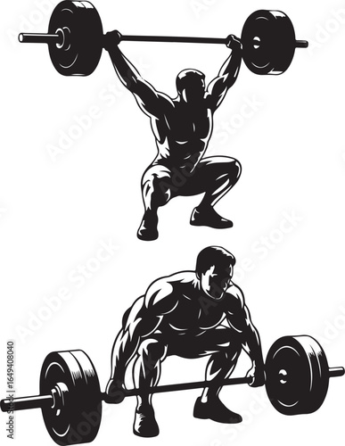 Bodybuilder performing barbell snatch and clean and jerk weightlifting weightlifter