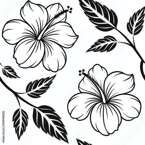Black and white line art hibiscus flowers and leaves pattern floral tropical
