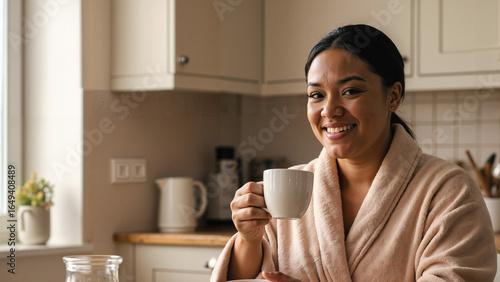 Woman in a robe smiling while holding a cup in a bright kitchen at the table