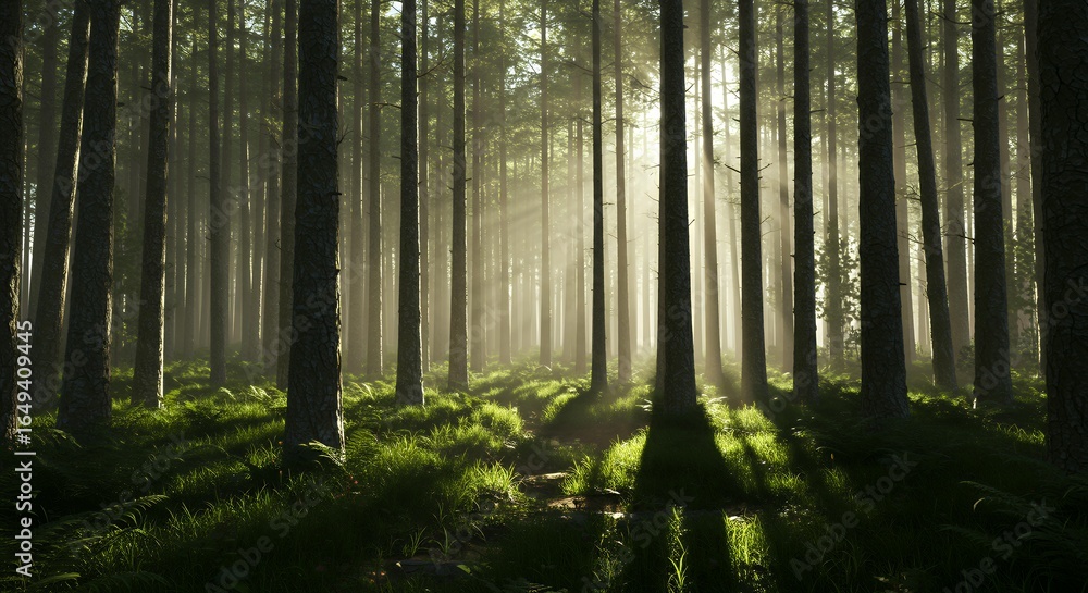 Obraz premium Atmospheric misty morning in dense coniferous forest with soft sunlight filtering through tall straight pine tree trunks