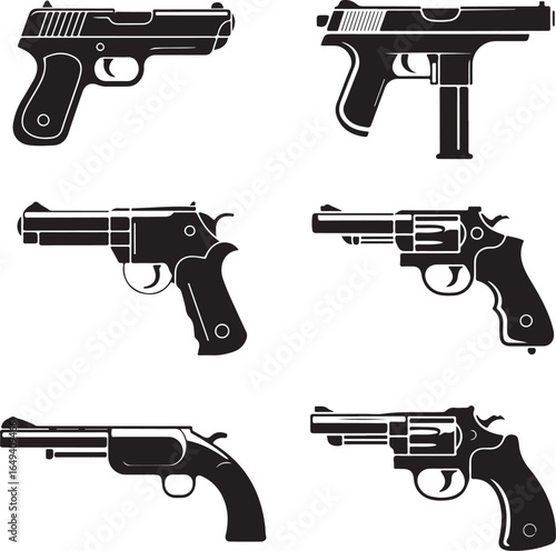 Set of six different handgun and revolver silhouettes on white background pistol firearm