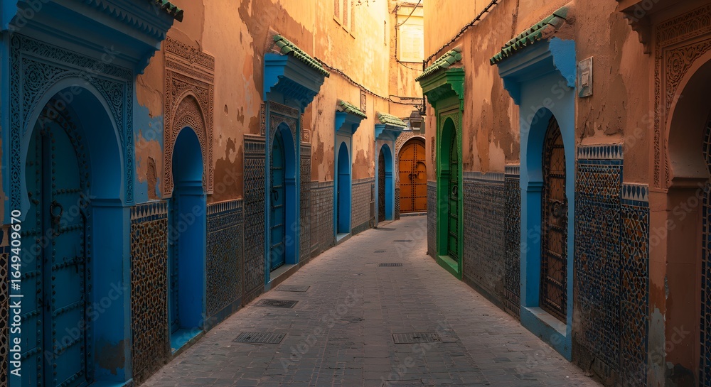 Fototapeta premium Old Moroccan medina with colorful doors and intricate tiles