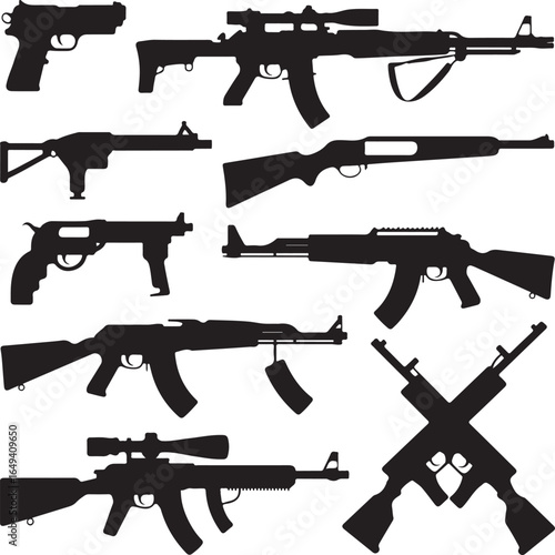 Silhouettes of various firearms including rifles and pistols weapon