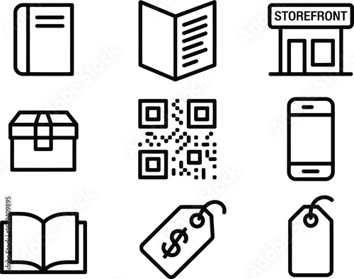 Simple Ecommerce Icons Set Featuring Book, QR Code, Storefront and Price Tag Line Art