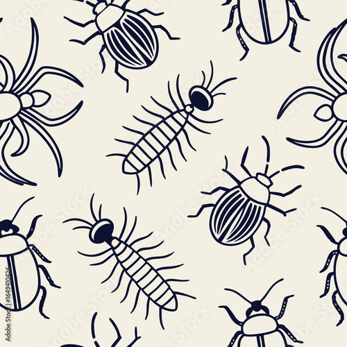 Black and white outline pattern of various insects on a cream background beetle spider