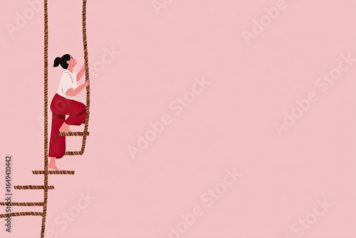 Woman climbs rope ladder, pale pink background