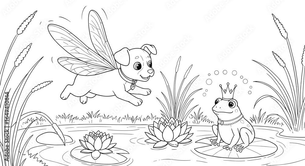 Fototapeta premium Coloring page of a magical puppy with wings flying above a frog wearing a crown in a pond