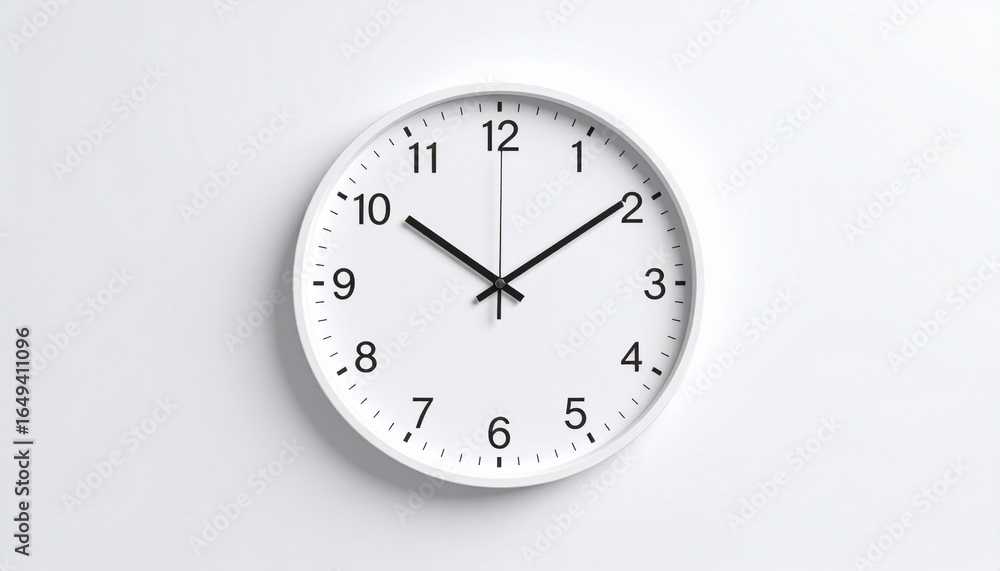 A close-up view of a white analog clock showing the time against a clean white wall. A close-up view of a white analog clock showing the time against a clean white wall.