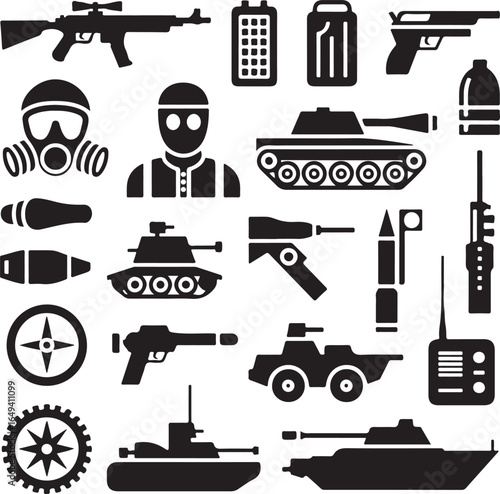 Military and combat equipment silhouettes including tanks and gas masks armored vehicle military vehicle
