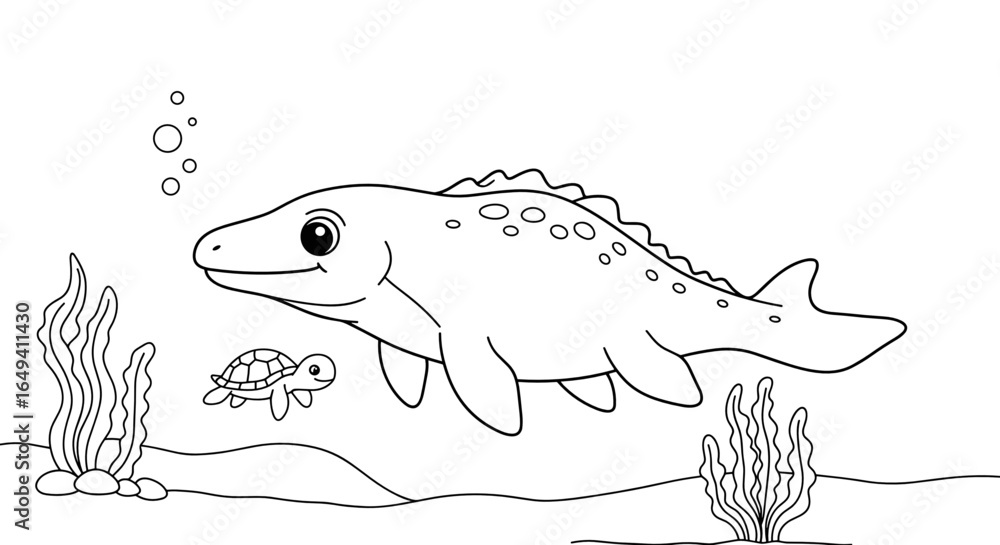 Obraz premium Coloring page depicting a friendly fish swimming with a turtle in an underwater scene 