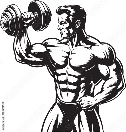 Muscular man bodybuilder lifting a dumbbell with a focused expression and defined muscles bodybuilding