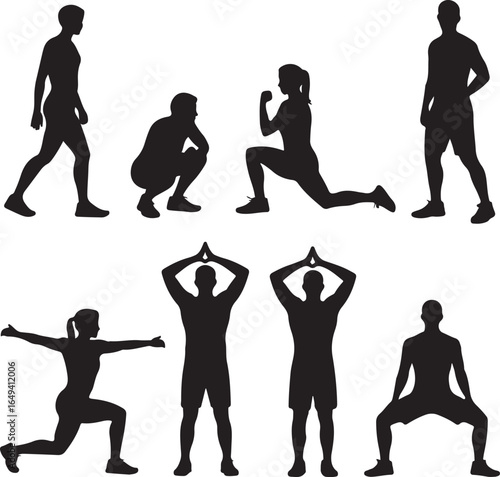 Silhouettes of people performing various stretching and exercise movements in a gym setting fitness