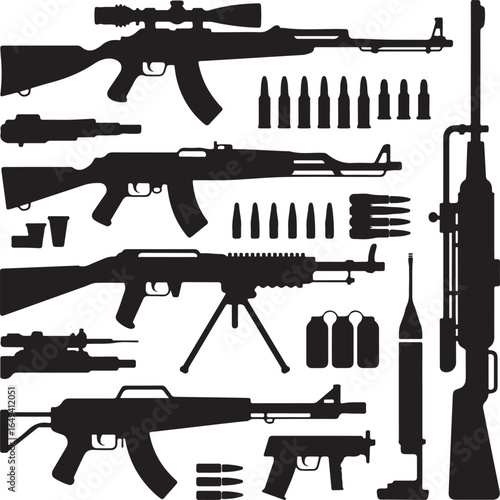 Assortment of firearms and ammunition silhouettes on a white background rifle sniper rifle