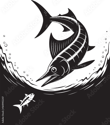 Mighty marlin leaps from water hunting small fish