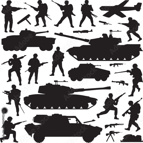 Silhouettes of Soldiers Tanks and Military Vehicles in Combat Poses army