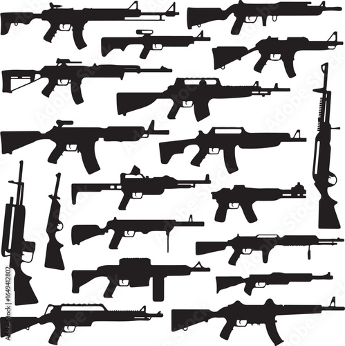 Assortment of rifle and submachine gun silhouettes on white background Keywords: rifle, submachine