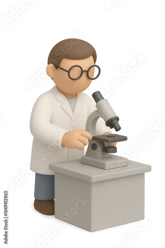 3D Scientist Character Using Microscope Illustration Icon