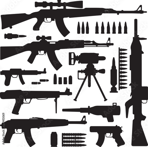 Collection of firearms, ammunition, and tripod mounted weapon on white background Keywords: rifle